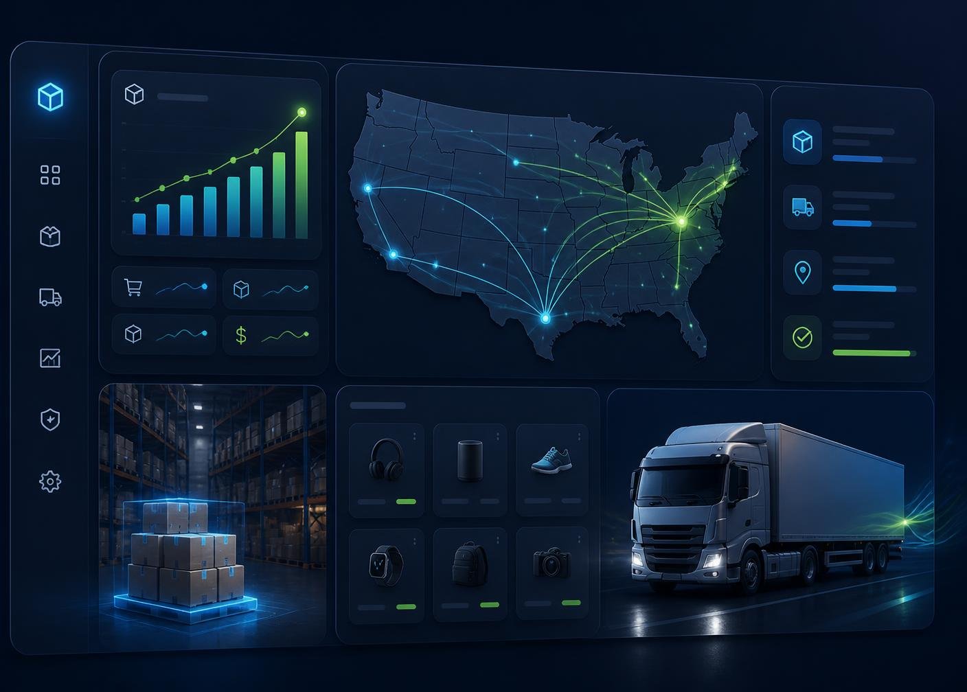 Al Rimah Co warehouse dashboard showing US shipping routes, live order analytics, and same-day fulfillment